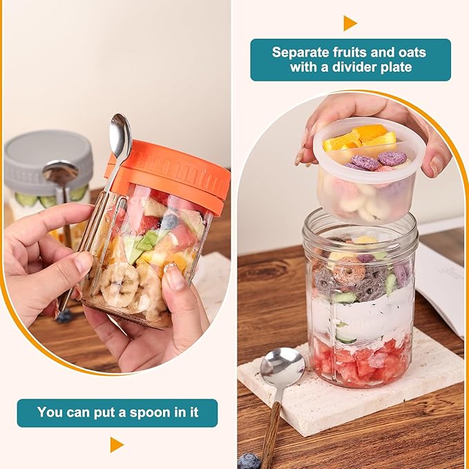 6 Pack Overnight Oats Containers with Lids and Spoons, 16 OZ Glass Mason Jars with Removable Separate Compartments, Airtight Leak Proof Oatmeal Container for Chia Pudding, Yogurt, Breakfast, Cereal - Image 3