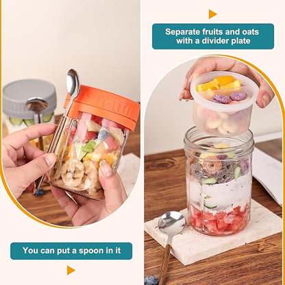 6 Pack Overnight Oats Containers with Lids and Spoons, 16 OZ Glass Mason Jars with Removable Separate Compartments, Airtight Leak Proof Oatmeal Container for Chia Pudding, Yogurt, Breakfast, Cereal - Image 3