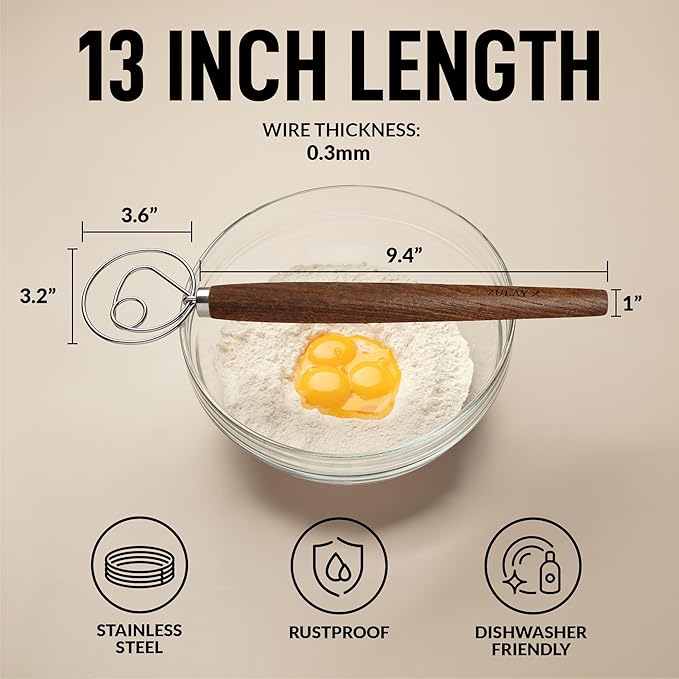 Zulay Kitchen 13 Inch Danish Dough Whisk - Large Wooden Danish Whisk For Dough With Stainless Steel Ring - Traditional Dutch Whisk Baking Tool For Bread, Batter, Cake, Pastry (Ashwood) - Image 2