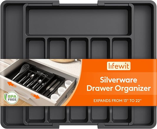 Lifewit Silverware Drawer Organizer, Expandable Utensil Tray for Kitchen, BPA Free Flatware and Cutlery Holder, Adjustable Plastic Storage for Spoons Forks Knives, 13-22 x 15", Black by Lifewit