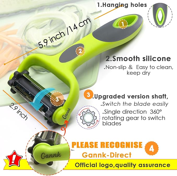 GANNK Potato Apple Vegetable Peelers for Kitchen, I and Y Peelers for Fruit Veggie Potatoes Carrot Cucumber, 3 in 1 Blade Spin Design With Julienne Function - Image 4