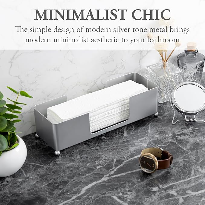 MyGift Modern Silver Tone Metal Countertop Folded Paper Towel Holders, Commercial and Guest Bathroom Sink or Vanity Table Disposable Napkin Storage Trays, Set of 2