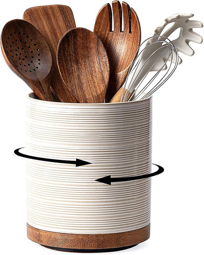 Utensil Holder, 360° Rotating Extra Large Ceramic Kitchen Utensil Holder for Countertop, 7.3“ Cooking Utensil Crocks for Kitchen Counter with Rotatable Wooden Base, Farmhouse Decor, Arctic White by MIKIGEY