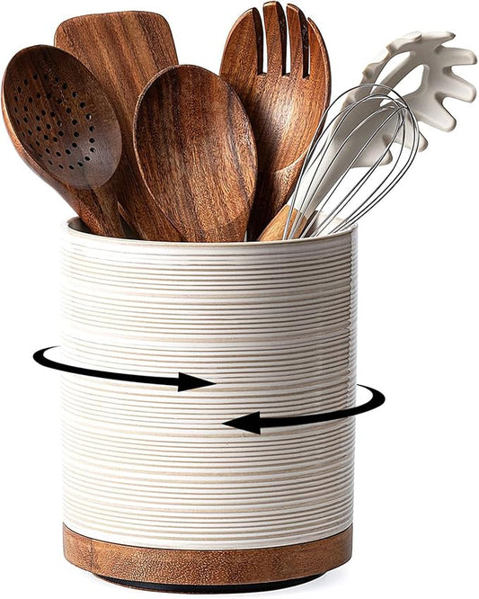 Utensil Holder, 360° Rotating Extra Large Ceramic Kitchen Utensil Holder for Countertop, 7.3“ Cooking Utensil Crocks for Kitchen Counter with Rotatable Wooden Base, Farmhouse Decor, Arctic White by MIKIGEY