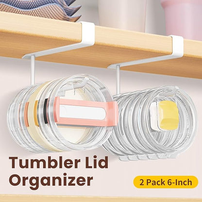 2 Pack Tumbler Lid Organizer, Under Cabinet Cup Lid Holder for Yeti Insulated Mug/Stanley Insulated Mug/Simple Modern Insulated Mug Lid, No Gluing, No Drilling, Up to 10 Lids (White) - Image 3