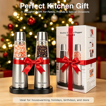 StarOcean Electric Salt and Pepper Grinder Set, Automatic Gravity Grinder with Rechargeable Base, 5 Adjustable Coarseness, Leak-Proof & Mess-Free, USB-C Charging, Stainless Steel