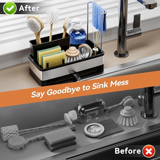 Laveshop Sponge Holder for Kitchen Sink, Rustproof Stainless Steel Sink Caddy with Auto-Drain, Removable Brush Holders, Soap and Dishcloth Organizer, Black - Image 5