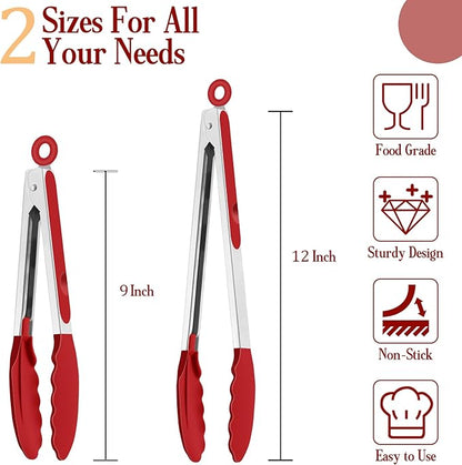 TeamFar Kitchen Tongs, 9" and 12" Stainless Steel Cooking Tongs with Silicone Tips for Cooking Grilling Serving & BBQ, Heat Resistant Silicone Tongs, Locking Design & Dishwasher Safe, Set of 2 & Red - Image 2