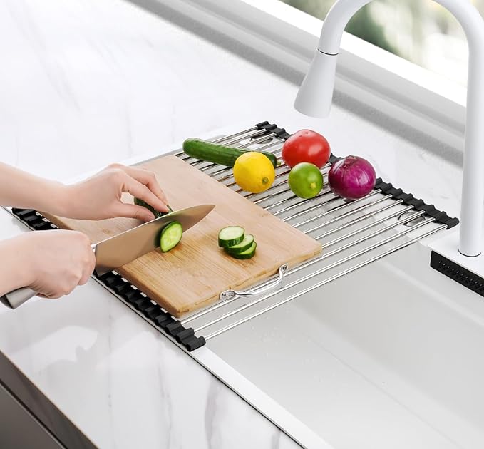 Tomorotec 17.7" x 15.5" Roll Up Dish Drying Rack Over Sink Drying Rack Sink Cover Kitchen Sink Accessories Gadget Multipurpose Organizer Foldable Stainless Steel Drainer - Image 8