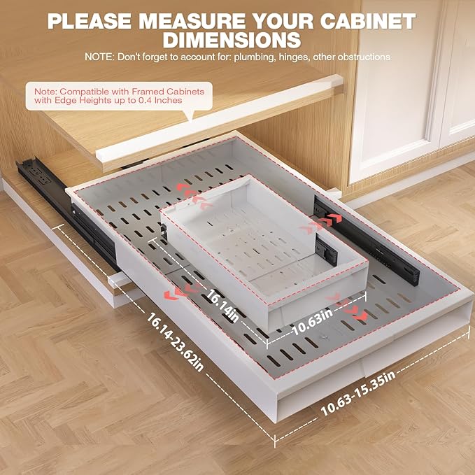 Seinloes 2 Pack Pull Out Cabinet Organizer With Raising Pad for Framed Cabinets,Expandable Width (11"-16") and Depth (17"-24"),3 Slide Rails Slide Out Drawers with Handle,No-Drill Roll Out Shelf,White - Image 2