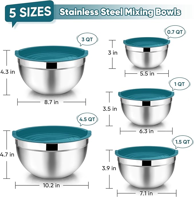 TeamFar Mixing Bowl Set of 5, Stainless Steel 4.5/3/1.5/1/0.7 QT Metal Nesting Salad Bowls with Lids, Ideal for Mixing Serving Tossing, Non-Toxic & Sturdy, Airtight Lid & Easy Clean, Blue - Image 2