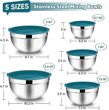 TeamFar Mixing Bowl Set of 5, Stainless Steel 4.5/3/1.5/1/0.7 QT Metal Nesting Salad Bowls with Lids, Ideal for Mixing Serving Tossing, Non-Toxic & Sturdy, Airtight Lid & Easy Clean, Blue - Image 2