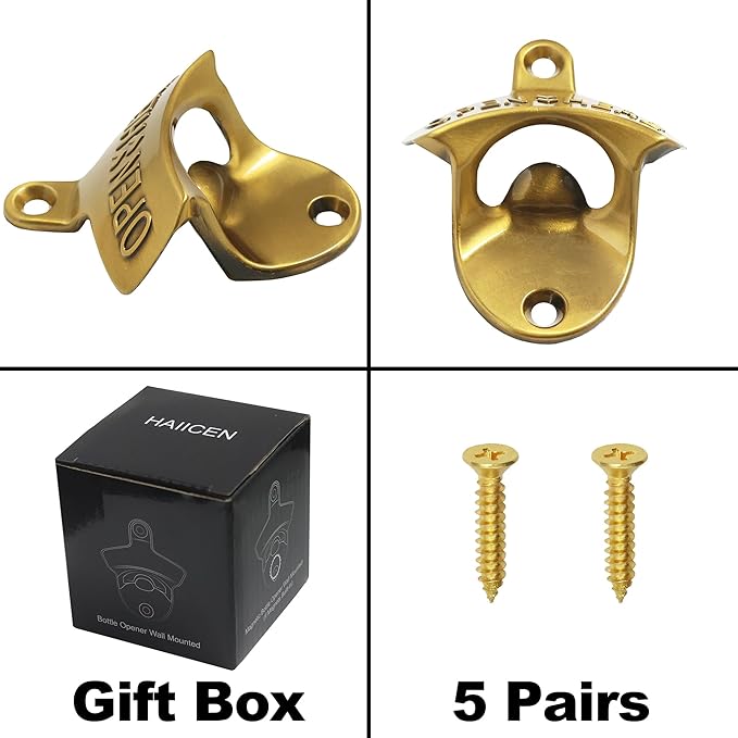 Antique Gold Wall Mounted Bottle Opener, Stainless Haning Beer Bottle Opener Embossed OPEN HERE for Kitchen Table Cabinet (5 PCS) - Image 3