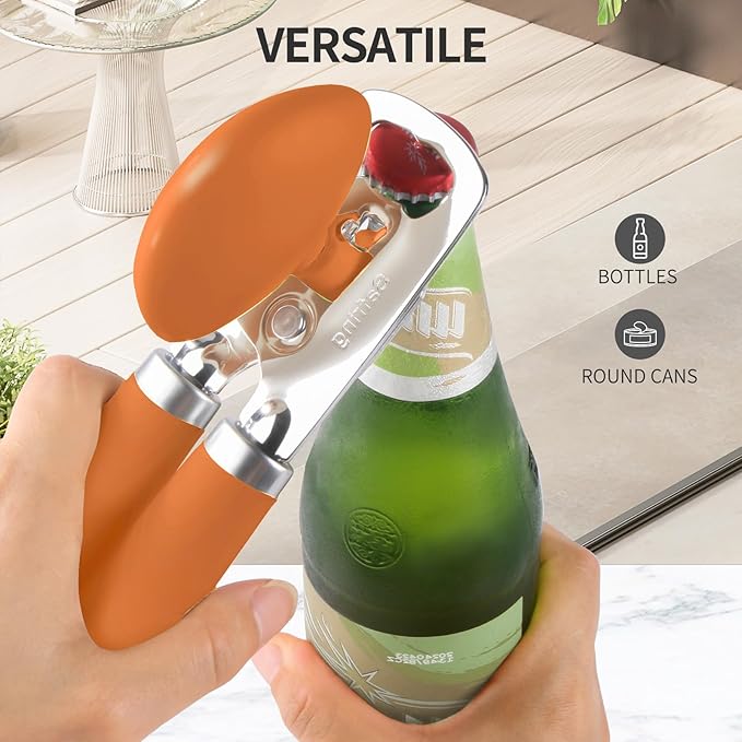 Safring Can Opener Manual, Heavy Duty Stainless Steel Smooth Edge Can Opener With Soft Touch Handle, Oversized Handheld Easy Turn Knob, Multi-Function Bottle Opener, Orange
