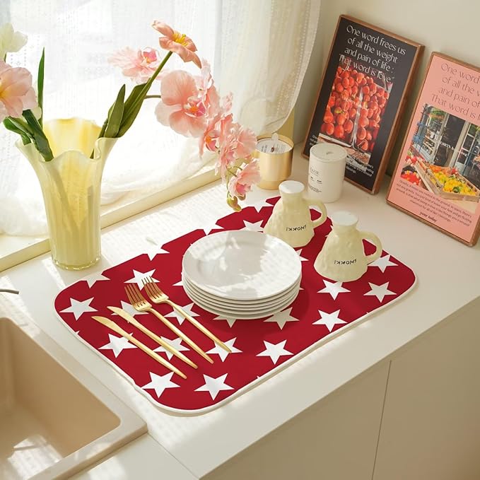 4th of July Dish Drying Mat 18 x 24 inch Independence Day Red Stars Decorative Drying Mats Microfiber Absorbent Holiday Patriotic Dish Washable Draining Mat for Kitchen Counter Decor
