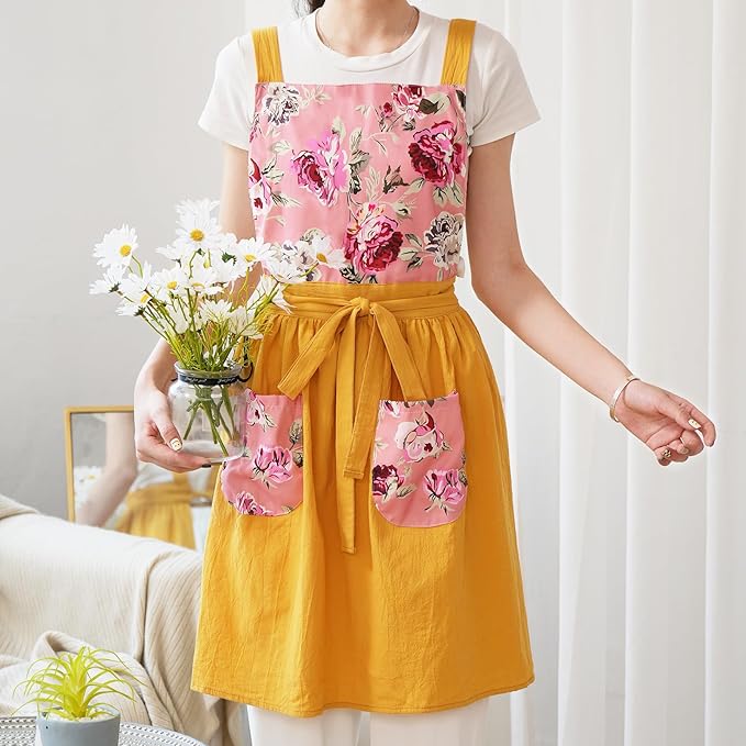 Pinknoke Vintage Pinafore Apron Dress for Women with Pockets Cute Floral Chef Aprons for Kitchen Cooking Baking Gardening - Image 3