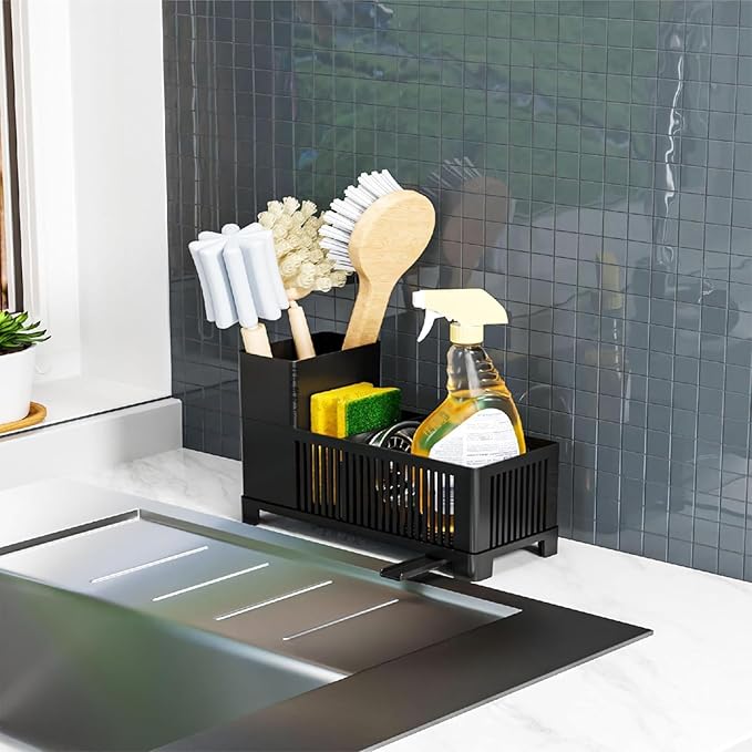 Sink Caddy & Kitchen Sink Organizer,Black Sponge Holder with High Scrub Brush Holder,Plastic Kitchen Countertop Organizer,Multifunctional Sponge Drain Rack,Dish Soap,Dish Sponge Holder,Soap Dispenser - Image 7