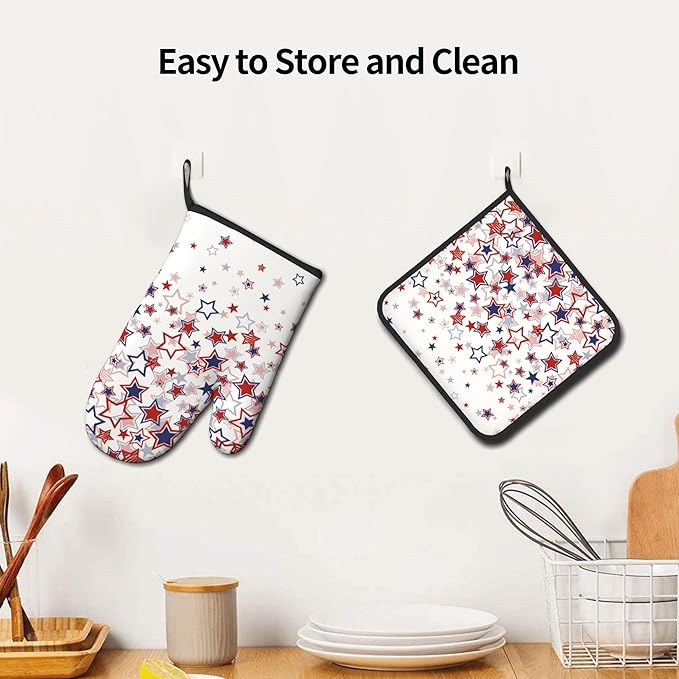 Stars Oven Mitts - Patriotic Kitchen Mitts Pot Holders Red White and Blue Hot Mitts 4th of July Hot Pads Sets of 2 for Cooking Baking Grilling - Image 6