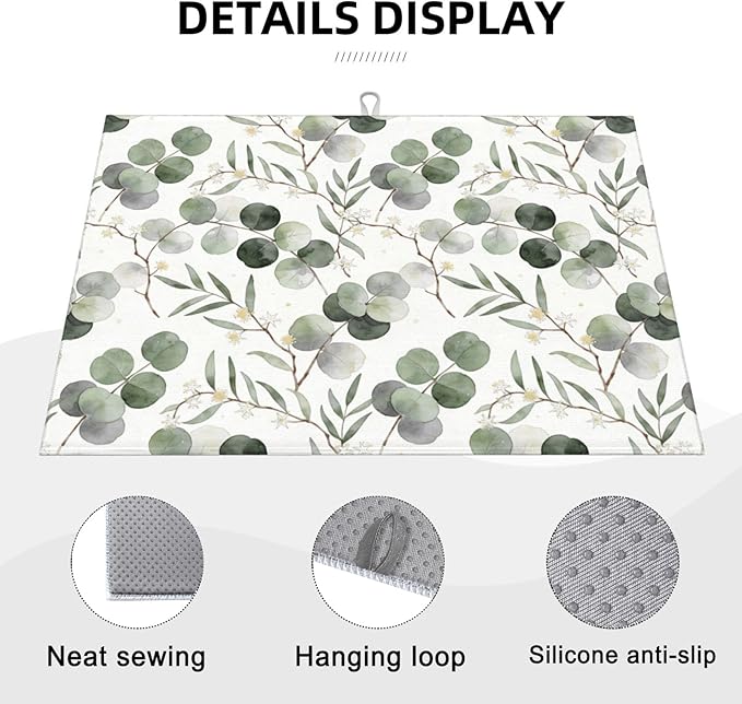 Sage Green Dish Drying Mat, for Spring Kitchen Counter Microfiber Absorbent, Sage Leaves Dish Draining Mat Extra Large 18"x24" - Image 3