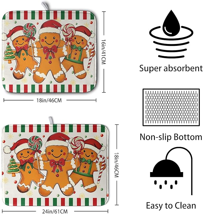 Christmas Dish Drying Mat Gingerbread Man Candy Cane Xmas Tree Drying Mats for Kitchen Counter Winter Holiday Dish Drainer Pad Absorbent Microfiber Dish Draining Mat 18x24 Inch - Image 2