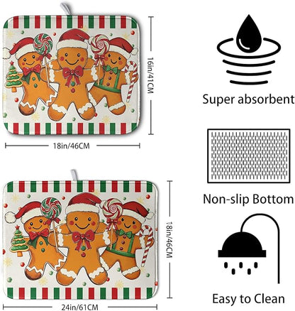 Christmas Dish Drying Mat Gingerbread Man Candy Cane Xmas Tree Drying Mats for Kitchen Counter Winter Holiday Dish Drainer Pad Absorbent Microfiber Dish Draining Mat 18x24 Inch - Image 2