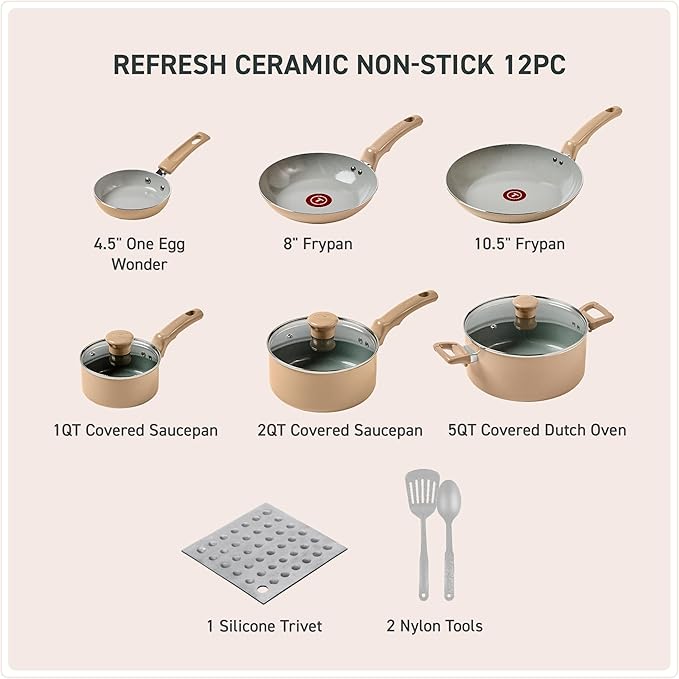T-Fal Refresh Ceramic Nonstick Cookware Set, 12-Piece, Oven Safe to 350°F, Includes Stockpot, Griddle, Frying Pans, Utensils, Ceramic Pots and Pans Set, Sand Beige - Image 2