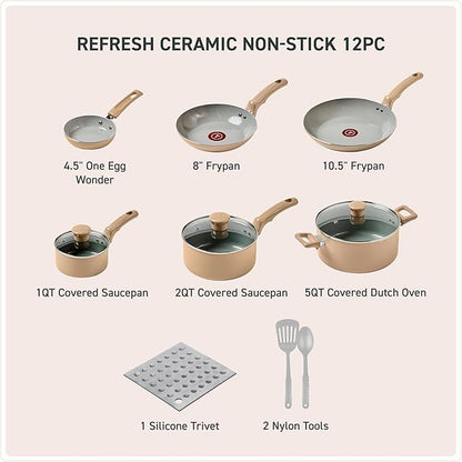 T-Fal Refresh Ceramic Nonstick Cookware Set, 12-Piece, Oven Safe to 350°F, Includes Stockpot, Griddle, Frying Pans, Utensils, Ceramic Pots and Pans Set, Sand Beige - Image 2