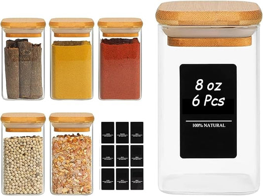 ComSaf 6Pcs 8oz Spice Jars with Label Trial Set, Glass Spice Jars with Bamboo Lids Supplementary Set, Seasoning Container Trial Pack, Perfect for Ktichen Starter by ComSaf