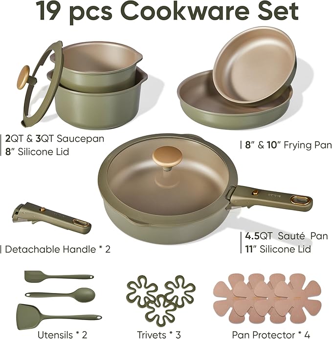 CAROTE 19 Pcs Pots and Pans Set, Nonstick Cookware Sets with Detachable Handle, Titanium Reinforced, Oven Safe, Cookware Non Stick Cooking Set w/Frying Pans & Saucepans Green(PFOS, PFOA Free) - Image 2