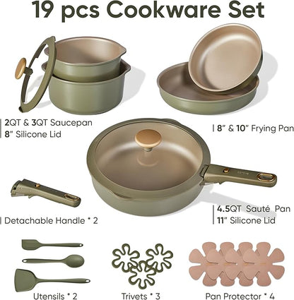 CAROTE 19 Pcs Pots and Pans Set, Nonstick Cookware Sets with Detachable Handle, Titanium Reinforced, Oven Safe, Cookware Non Stick Cooking Set w/Frying Pans & Saucepans Green(PFOS, PFOA Free) - Image 2