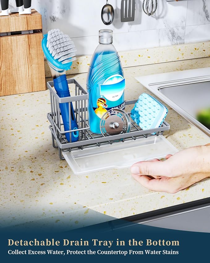 Consumest Sponge Holder for Kitchen Sink - Kitchen Sink Caddy Organizer with Removable Drip Tray for Countertop Dish Soap Dispenser Brush Storage Accessories 304 Stainless Steel, Grey - Image 4
