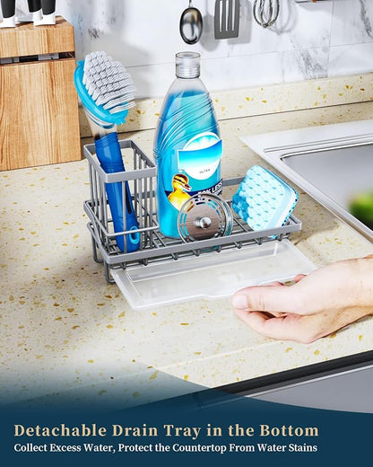Consumest Sponge Holder for Kitchen Sink - Kitchen Sink Caddy Organizer with Removable Drip Tray for Countertop Dish Soap Dispenser Brush Storage Accessories 304 Stainless Steel, Grey - Image 4