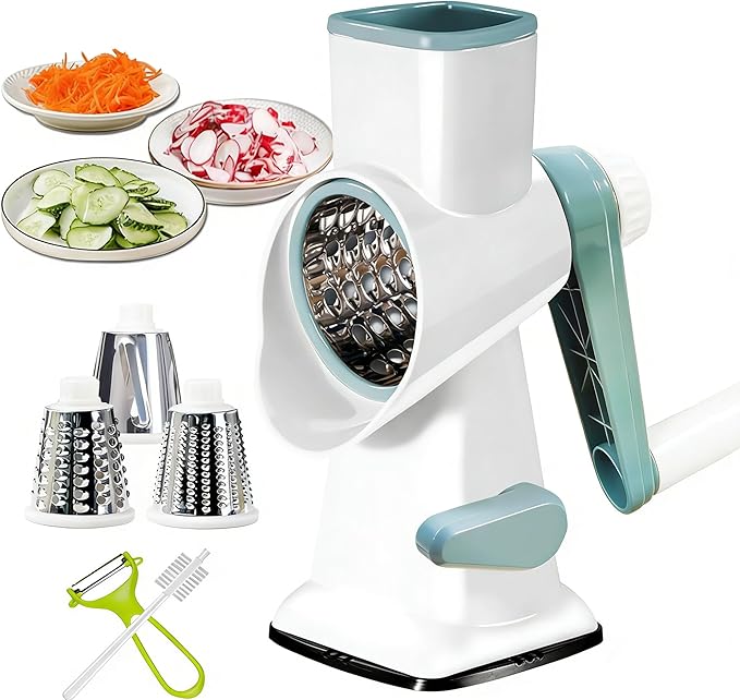 Dachenus Cheese Grater Rotary Cheese Grater,Versatile Cheese Shredder,Blades for Shredding, Grating, Slicing,Cheese Shredder with Suction Base and Cleaning Brush Kitchen Gift(white)