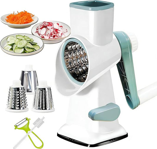 Dachenus Cheese Grater Rotary Cheese Grater,Versatile Cheese Shredder,Blades for Shredding, Grating, Slicing,Cheese Shredder with Suction Base and Cleaning Brush Kitchen Gift(white)