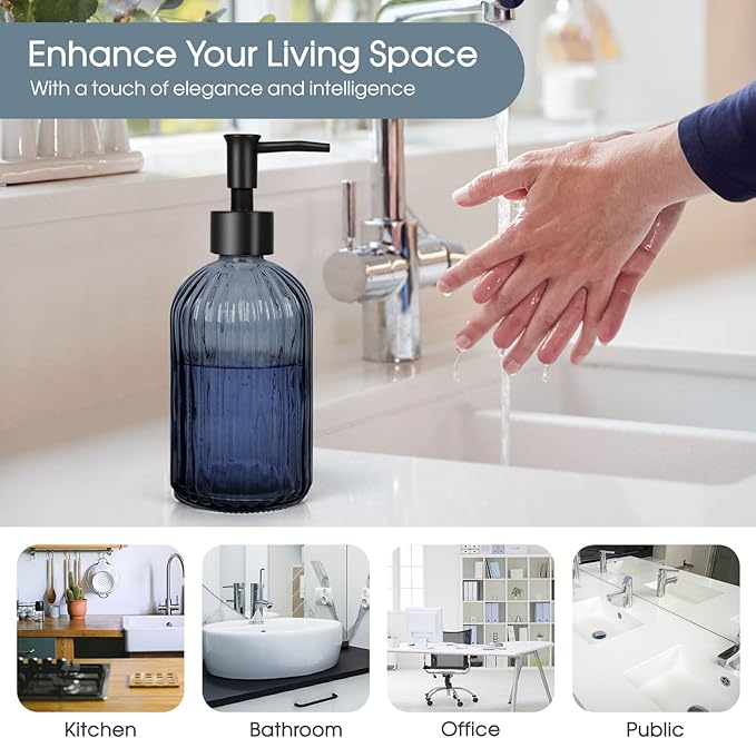 Topsky Stripe Glass Soap Dispenser with Black Plastic Pump, 400ml Liquid Hand Soap Dispenser, Rustproof Pump for Kitchen & Bathroom, Great for Lotions, Essential Oil, Liquid Soaps- (Grayish Blue) - Image 5