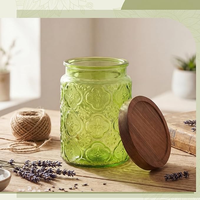 Willinglong 2 Pack 23.7oz Colored Vintage Glass Storage Jars with Wooden Lids Embossed Floral Decorative Canisters for Kitchen Countertop Airtight Container for Sugar Cookie Coffee Tea (Green, Blue) - Image 2