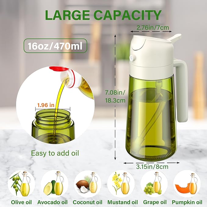 Vakoo Oil Sprayer for Cooking, 2 in 1 Oil Dispenser for Kitchen, 16oz/470ml Light-Blocking Dark Glass Olive Oil Spray Bottle, Air Fryer, Salad & BBQ (Green&White)