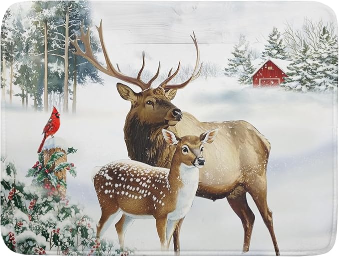 Giwawa Winter Deer Dish Drying Mat 18"x24" Xmas Tree Bird Holly Berry Dish Drainer Mats Elk Moose Snow Cottage Farmhouse Reversible Large Dish Drying Pad Protector for Kitchen Countertop Decor