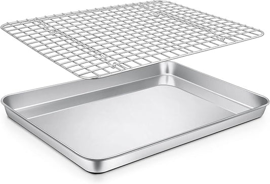 P&P CHEF 12.5 Inch Toaster Oven Pan with Rack Set, Stainless Steel Baking Pan Tray and Grid Cooling Rack for Cooking/Roasting, Dishwasher Safe & Easy to Clean, Non-toxic & Sturdy, (2Pcs)