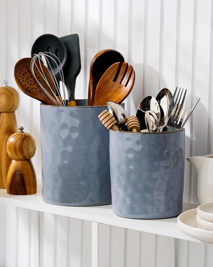 famiware Ocean Utensil Holder, 7.2"+5.8" Ceramic Kitchen Utensil Holder for Countertop, 2 Pieces Cooking Utensil Crocks, Utensil Organizer for Spatula & Spoon, Kitchen Decor, Set of 2, Blue - Image 2