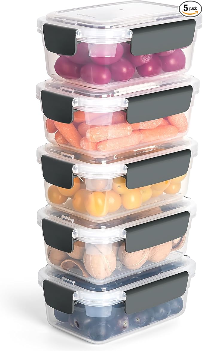YORY 3 cup Plastic Food Storage Containers with Lids Nestable Freezer Dishwasher Safe Rectangle Container Set,5-Pack by YORY