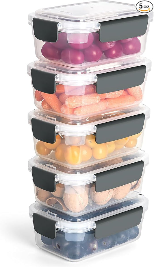 YORY 3 cup Plastic Food Storage Containers with Lids Nestable Freezer Dishwasher Safe Rectangle Container Set,5-Pack by YORY