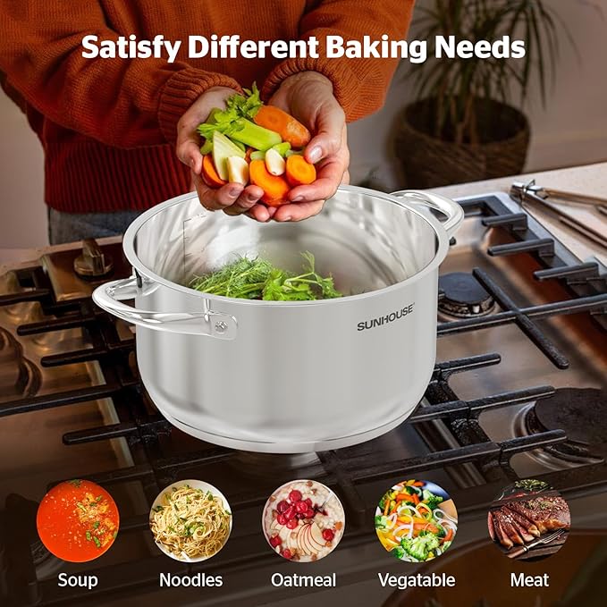 SUNHOUSE Stainless Steel Stock Pot - 11 Quart Heavy-Duty Induction Cooking Pot with Visible Lid for Pasta, Soup, Spaghetti - Nonstick Thick-Bottom Deep Stockpot for Canning, Boiling, and Simmering - Image 5