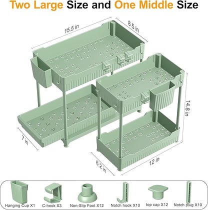Sevenblue 3 Pack Under Sink Organizers, 2-Tier Multi-Use Kitchen and Bathroom Organizers and Storage with Sliding Drawers, Bathroom Cabinet Organizer (Green, 14.8 Inch) - Image 2