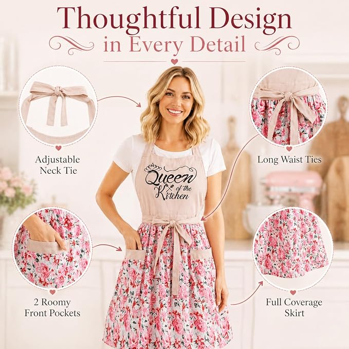 Cute Floral Aprons for Women with Pockets,Cotton Adjustable Neck Strap Apron for Kitchen Cooking Baking Gardening