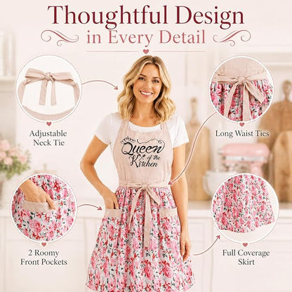 Cute Floral Aprons for Women with Pockets,Cotton Adjustable Neck Strap Apron for Kitchen Cooking Baking Gardening