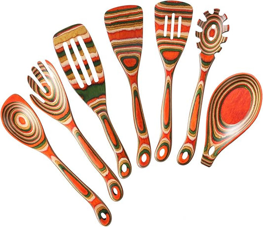 7Pcs Pakkawood Kitchen Utensils Set for Cooking, Wooden Spoons for Cooking, Safe Eco-Friendly, Non-Stick, Wooden Utensil for Cooking,Wooden Cookware Set, Housewarming Kitchen Gifts, Colorful