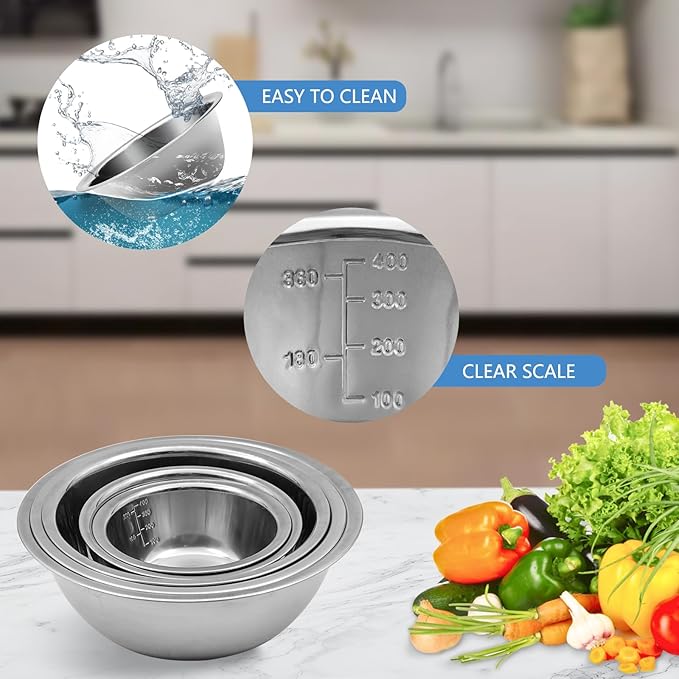 Mixing Bowl Set of 5, Stainless Steel Mixing Bowls, Nesting Whisking Bowl Set for Cooking, Baking, Serving, Food/Salad Prep - Image 2