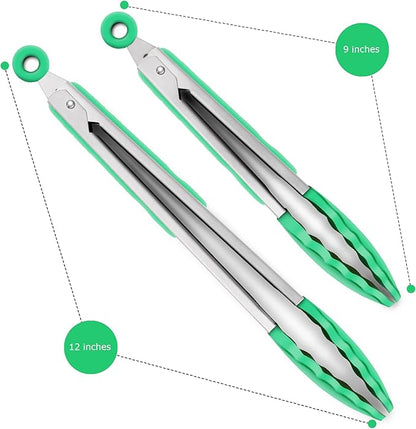 2 Pack Silicone Kitchen Tongs – 9" & 12" Set, Heat Resistant up to 500°F, Non‑Stick Cookware Safe, Wavy Silicone Tips, BPA Free, Locking Clip & Hanging Loop, Dark Green - Image 4