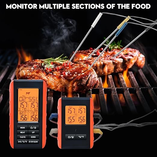 Wireless Meat Thermometer for Grilling and Smoking, Food Thermometer for BBQ Smoker Oven Cooking Steak, Grill Thermometer for Outside Grill with 4 Meat Probes, Kitchen Timer - Image 2